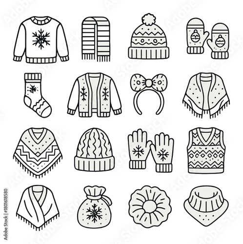 Winter apparel collection: cozy sweaters, hats, mittens, scarves, and accessories