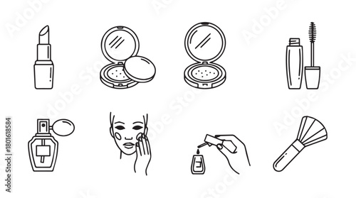 Collection of cosmetic and beauty product icons in a clean line art silhouette style
