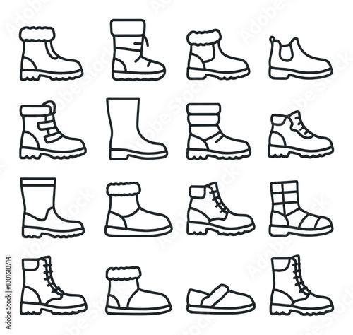 Collection of various boot and shoe silhouettes on gray background