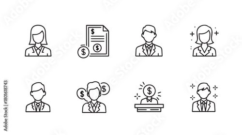 Collection of business and finance icons in a simple hand drawn silhouette style