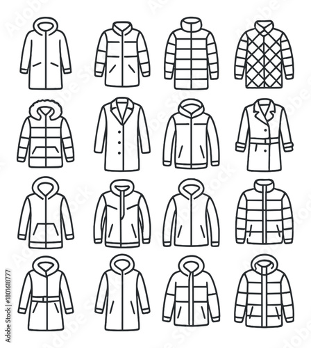 Collection of various winter jackets and coats in iconic style