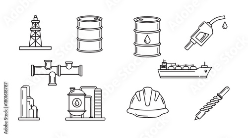 Collection of industrial oil and gas industry equipment and tools silhouette icons for energy sector illustration