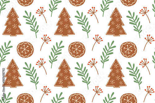 Seamless pattern. Cute Christmas gingerbread cookies, delicious cookies. Festive hand-drawn ornament. Perfect for greeting cards, posters, nursery designs, prints, and textiles.