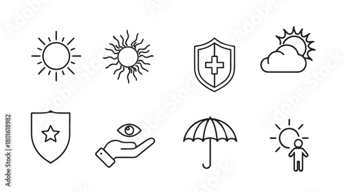 Collection of simple line art icons representing sun protection and health symbols silhouette