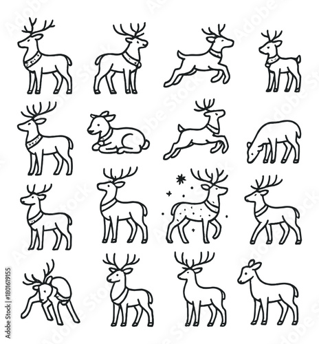 Set of 16 hand-drawn reindeer outlines in various poses and activities