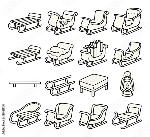 Collection of various sleigh designs and sled illustrations