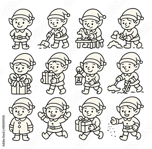 Cartoon elves: cute characters in various holiday activities on brown background