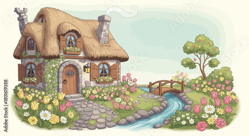 Whimsical Fairy Tale Cottage with Garden, Stone Path, and Stream