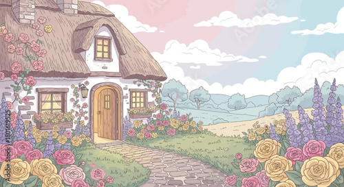 Soft Pastel Cottage Core Landscape with Thatched Roof and Blooming Roses