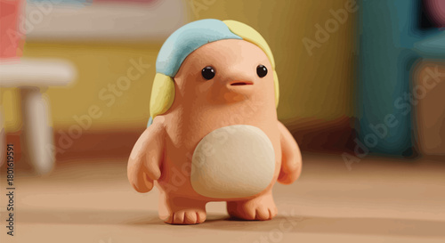Adorable Claymation Character with Blue and Yellow Hair in a Blurry Room