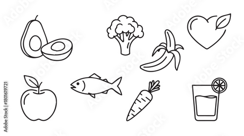 Collection of healthy food icons in a simple hand drawn silhouette style silhouette