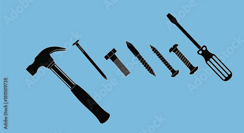 Hardware tools hammer nail screwdriver bolt screw construction set editable vector
