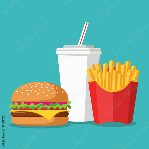 Iconic fast food meal combo featuring a sesame seed bun hamburger, golden french fries in a red box, and a fountain drink on a teal background