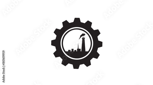 Industrial factory silhouette within a gear shape representing industry and manufacturing silhouette