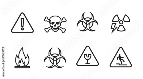 Collection of eight distinct hazard warning symbols and danger signs rendered in a clean silhouette style