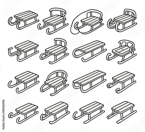 Collection of various sled designs on brown background