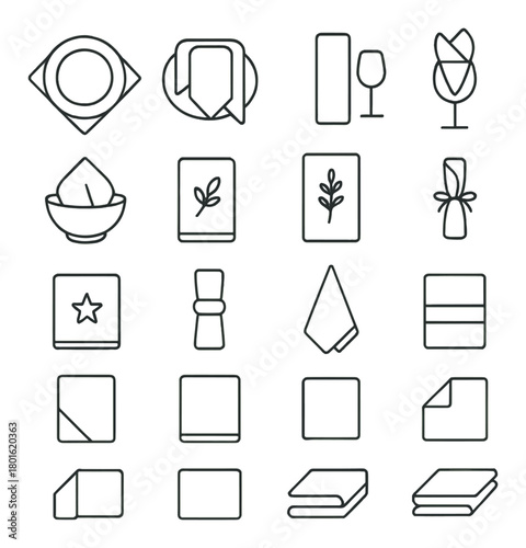 Minimalist dining icons: napkins, glasses, placemats, cutlery, elegance