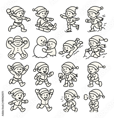 Festive cartoon elves enjoying winter activities