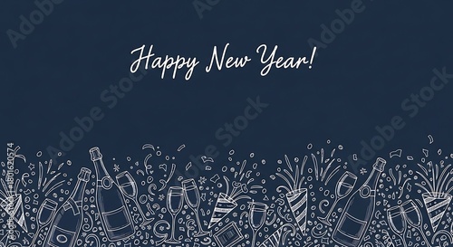 Festive hand drawn illustration of fireworks and confetti in white on a dark blue background with the text happy new year creating a celebratory and exciting atmosphere for holiday greetings and event