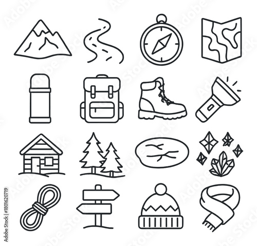 Outdoor adventure icons: hiking, camping, navigation, and exploration essentials