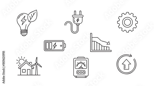 Collection of hand drawn silhouette icons representing renewable energy and power concepts silhouette