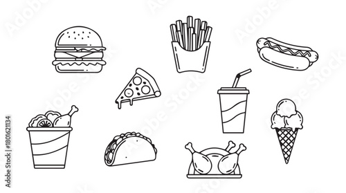 Collection of various fast food icons and illustrations in a simple black and white silhouette style