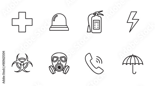 Collection of emergency and safety icons in a clean line art silhouette style
