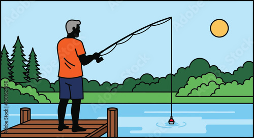 Fishing illustration man fishing on dock with fishing rod vector editable vector