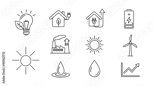Collection of hand drawn environmental energy icons in a clean silhouette style representing sustainability and renewable resources
