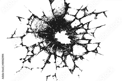 Cracked glass shatter vector radial pattern explosion. Abstract bullet hole texture with dynamic black lines and fragments spreading from the center for grunge or destruction visuals.