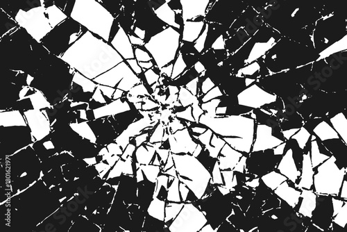 Realistic cracked glass vector with circular fracture and dense shattered lines. Black texture for backgrounds, destruction designs.