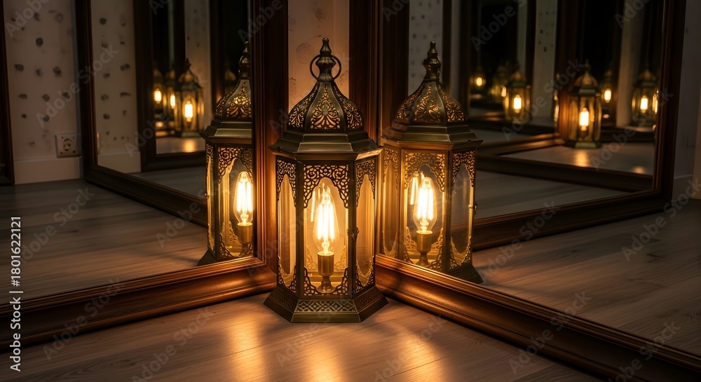 Fototapeta premium A group of ornate lanterns with glowing light bulbs placed on a wooden floor near a mirror, creating a warm and cozy ambiance in the room