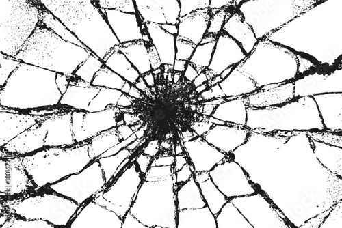 Cracked glass texture vector background bullet impact design. Black shattered surface with realistic radial break pattern and fragments for destruction or grunge visuals.