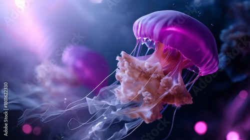 Fototapeta Naklejka Na Ścianę i Meble -  Dreamy haze with glowing jellyfish partially obscured by diffused light, faceless, with copy space