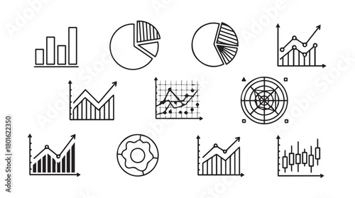 Collection of hand drawn business and financial chart icons in a simple black and white silhouette style
