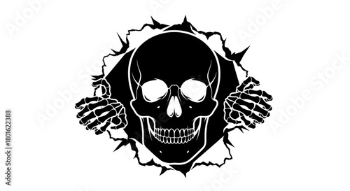 Emerging skull with skeletal hands bursting through torn background