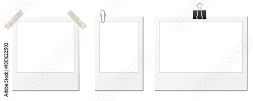 Empty retro-style picture frames attached with tape and clips, ideal for collage creation, decoration, and layout design. Minimal instant photo borders with stationery elements for digital artwork, sc