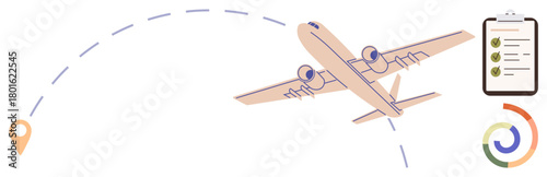 Airplane follows a dashed path toward a location icon, accompanied by a checklist and pie chart. Ideal for travel, aviation, navigation, logistics, goal setting, project management, simple flat