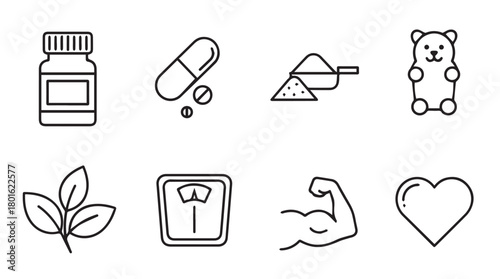 Collection of health and wellness icons in a simple line drawing silhouette style silhouette