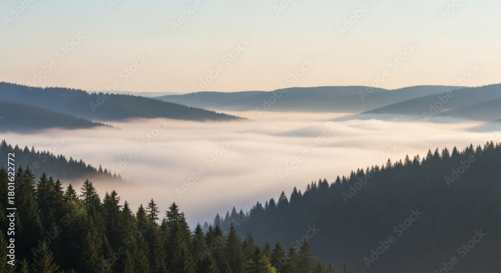 Fototapeta premium Serene mountain valley blanketed in soft morning mist, with rolling hills and evergreen forests stretching towards a pale sky.