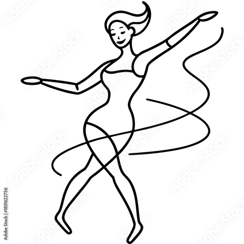 Elegant line art depicting a graceful dancer in motion with flowing ribbons