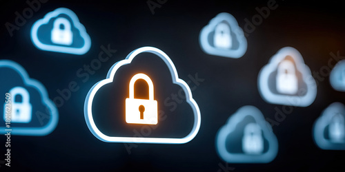 Cloud lock cloud security padlock icon glowing over blurred cloud network, secure data protection and encrypted cloud storage with digital security concept