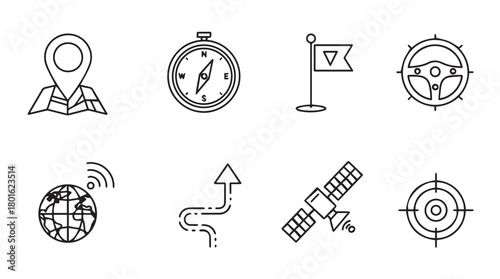Collection of navigation and location icons in a clean minimalist line art silhouette style