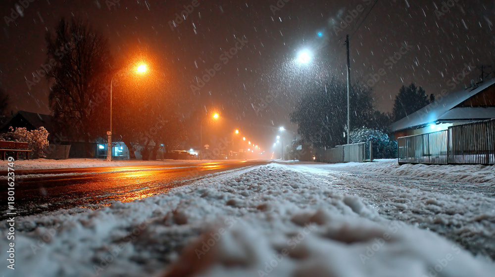 Obraz premium Snowy night street with glowing orange and white lamps, falling snowflakes, wet reflective road and snow covered sidewalk creating quiet atmospheric urban winter scene