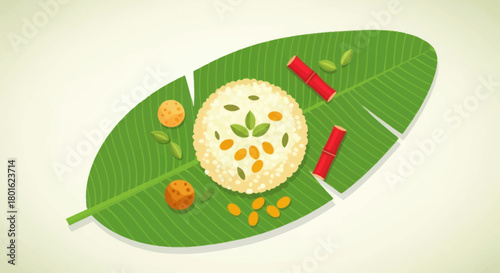 Traditional dish pongal on banana leaf with sugarcane sticks for pongal festival.