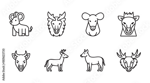 Collection of eight stylized animal head and body illustrations in a simple black and white line art silhouette style