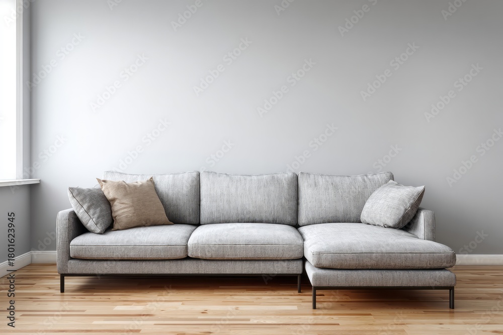 Fototapeta premium Contemporary sectional sofa rests against a neutral gray wall with natural light entering from a side window