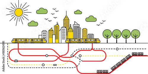 City transportation network underground subway and traffic flow editable vector