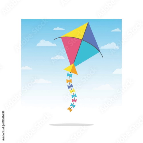 Colorful kite soars against a serene sky with fluffy clouds, symbolizing joy and freedom.