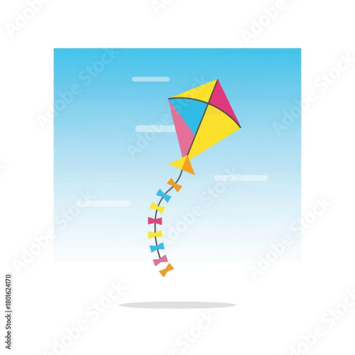 Colorful diamond kite soars against a blue sky, embodying freedom and outdoor fun.